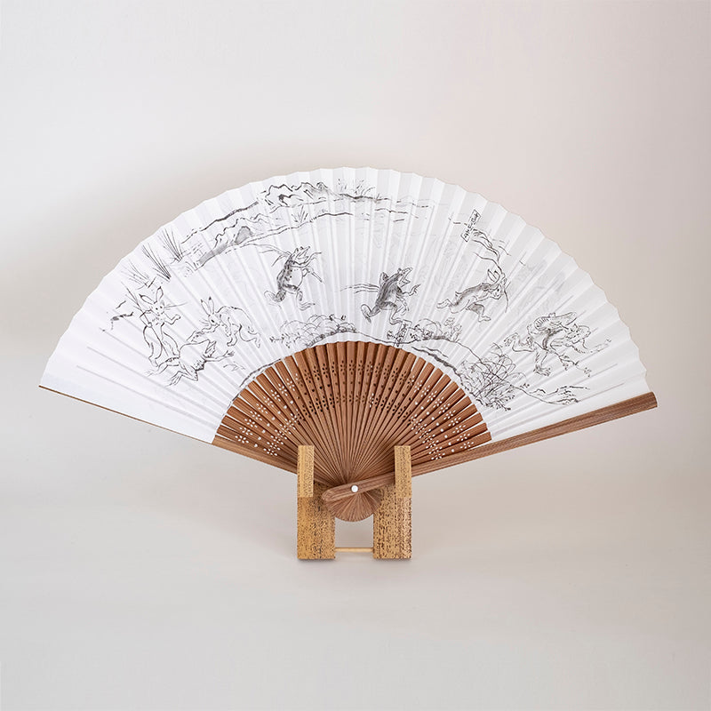 京扇子 男物紙扇 鳥獣戯画 白色