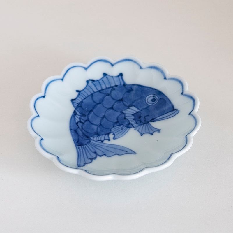 有田焼 染付めで鯛菊型3.5寸皿
