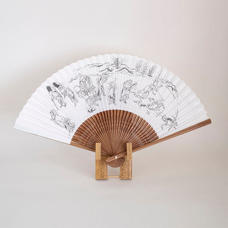 京扇子 男物紙扇 鳥獣戯画 白色
