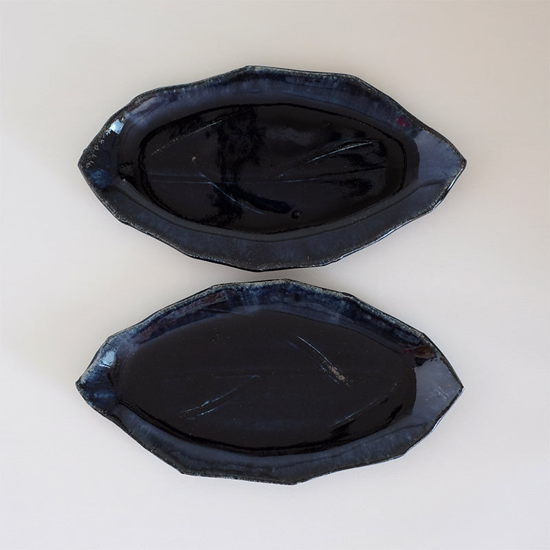 益子焼 瑠璃 木の葉皿