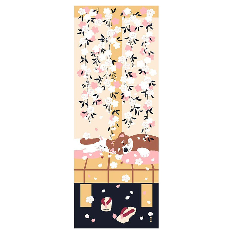 絵てぬぐい 豆柴と猫の春 ベージュ