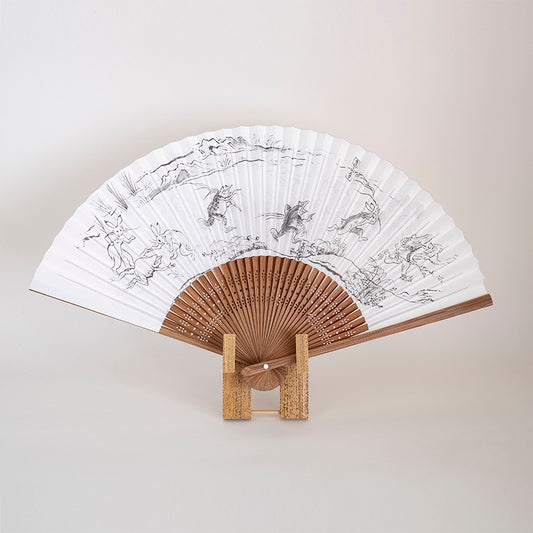 京扇子 男物紙扇 鳥獣戯画 白色