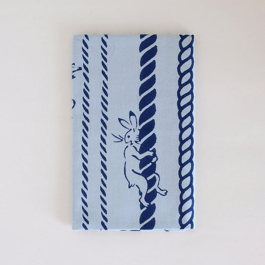 鳥獣戯画小紋 縄縞 水色