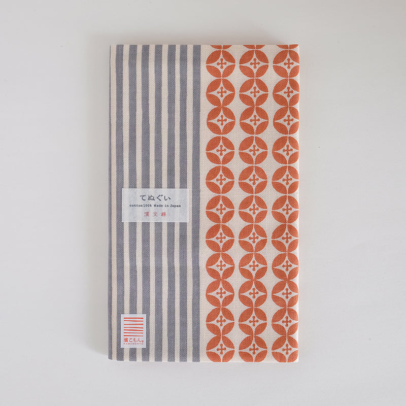 てぬぐい　花と縞　オレンジオフ