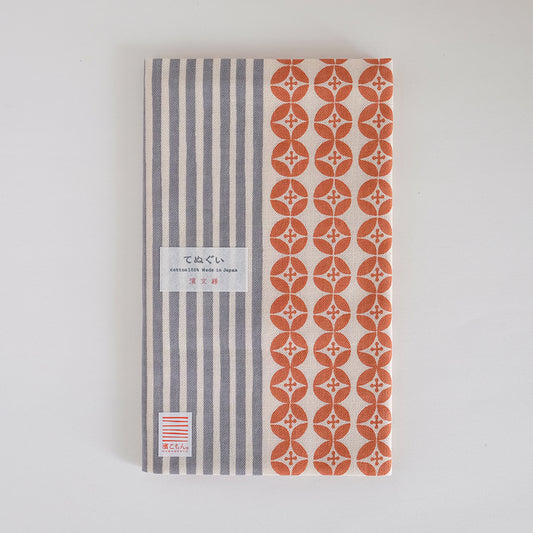 てぬぐい　花と縞　オレンジオフ