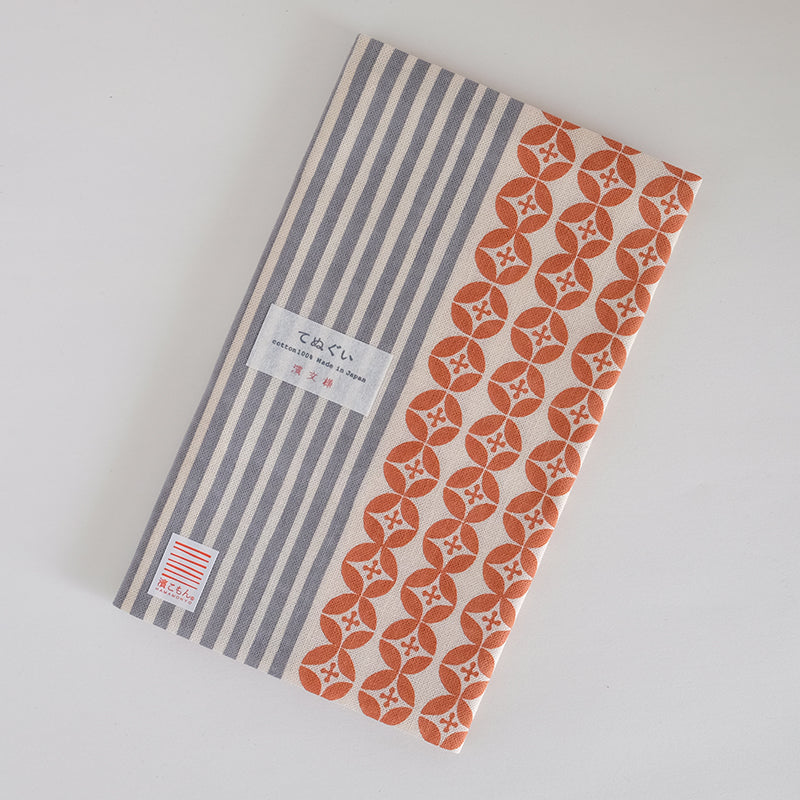 てぬぐい　花と縞　オレンジオフ